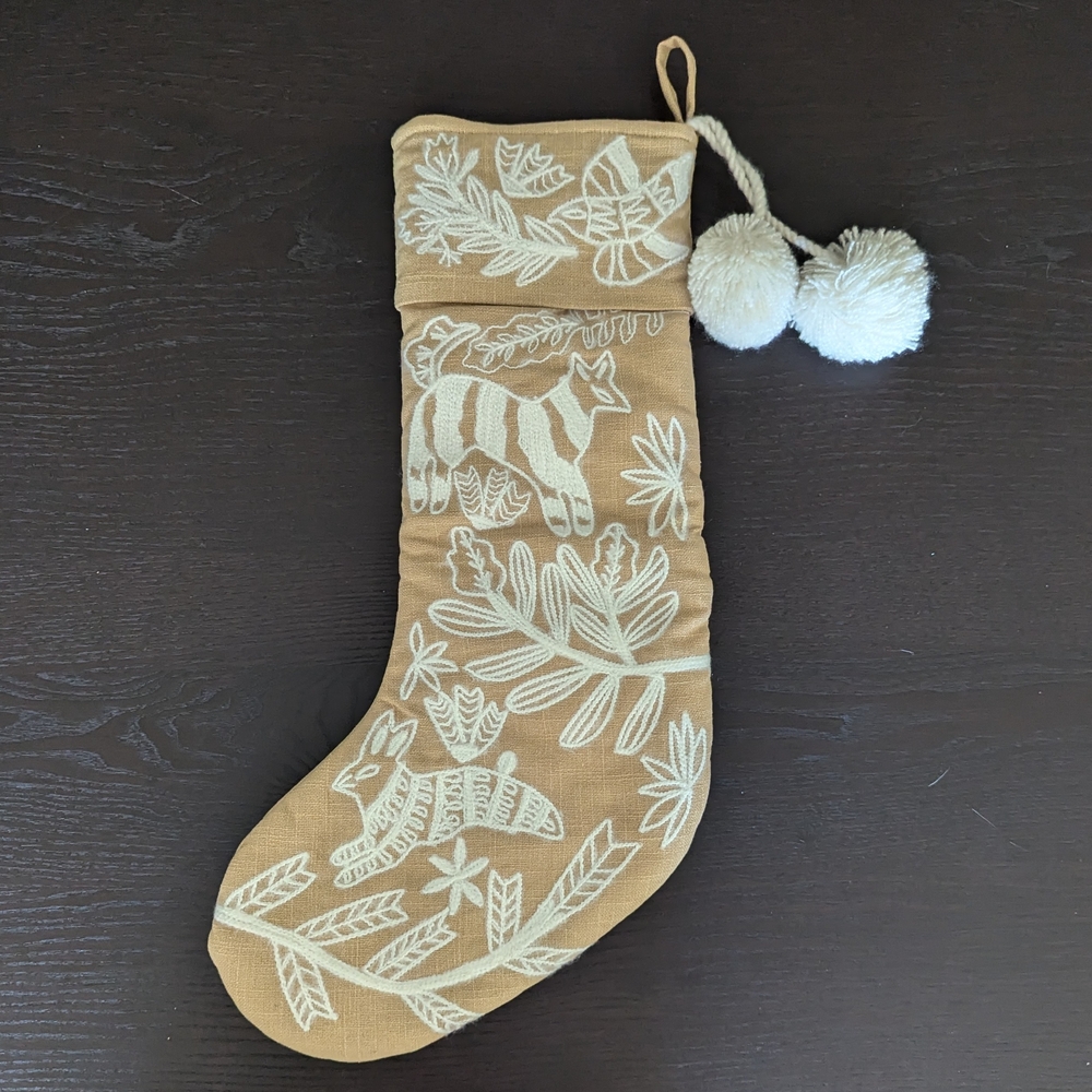 Anthropologie Embroidered Tan and Ivory Christmas Stocking with Pom Poms